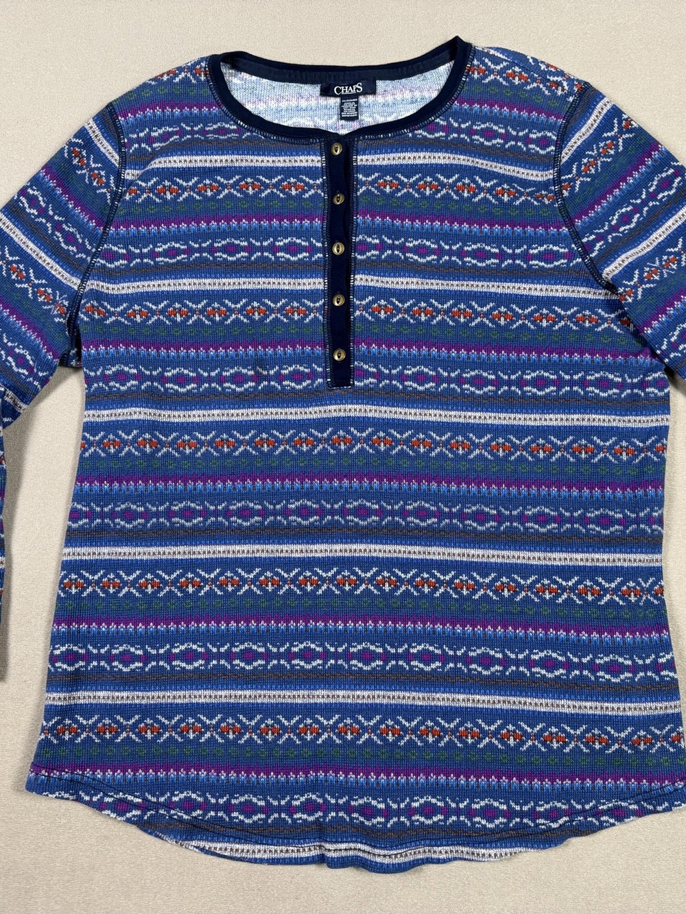 Chaps Nordic Fair Isle Print Henley Top Women's 2X Blue Purple